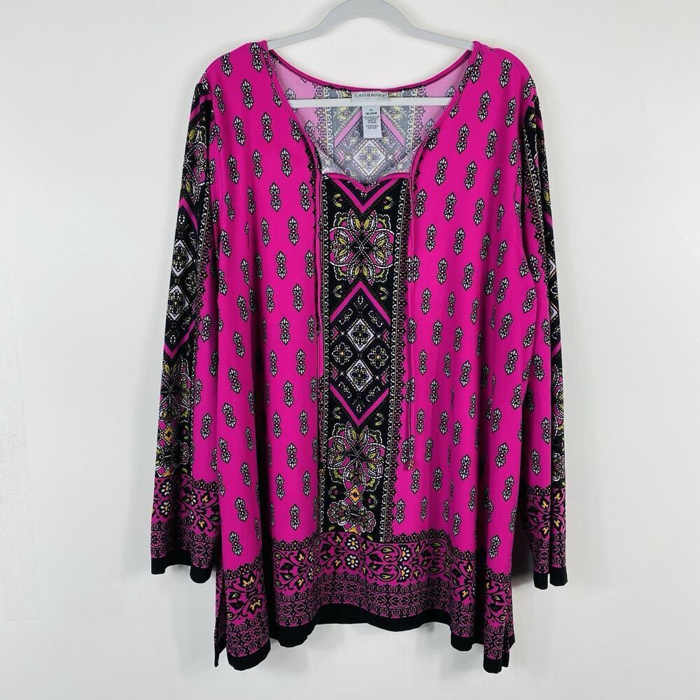 Catherines Top 1X 18 20 Pink Long Sleeve Tie Front Casual Boho